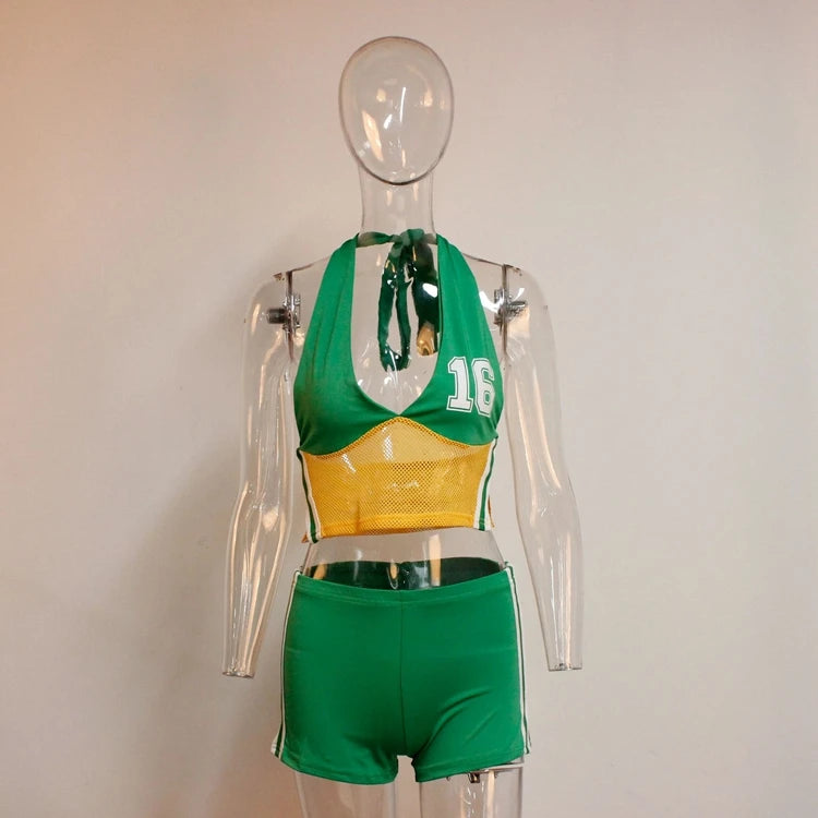 STYLISH LADY Letter Printed Mesh 2 Piece Set Women Halter Backless Crop Top and Shorts Suits 2025 Summer Sexy Club Party Outfits