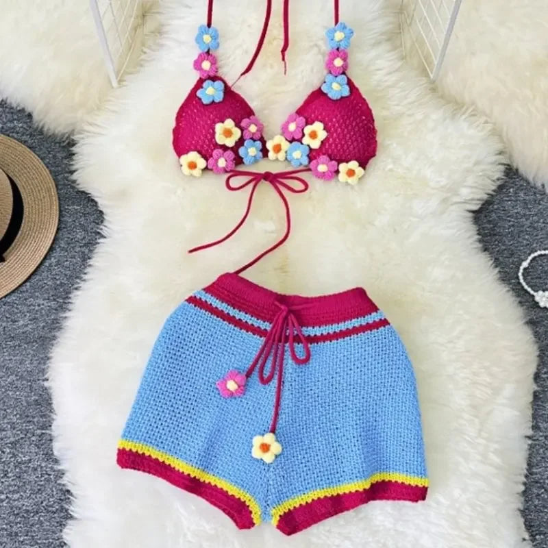 HLJ&GG Sweet Pastoral Fashion Knitting Little Flower Hollow Two Piece Sets Women Halter Lace Up Backless Bra And Shorts Outfits