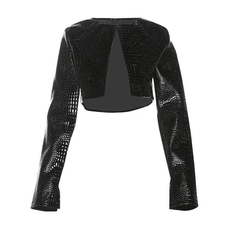 HLJ&GG Fashion Y2K Hot Girl Streetwear Women Leather Long Sleeve Crop Jacket+Bodysuits+Button Shorts 3 Piece Sets Outfits 2025