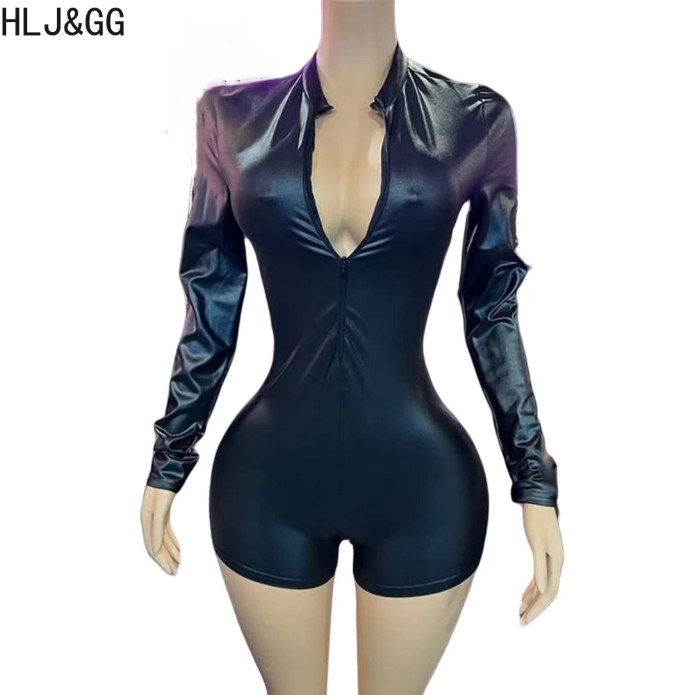 HLJ&GG Black Sexy Leather Zipper Bodycon One Piece Rompers Women Long Sleeve Slim Bodysuits Fashion Nightclub Party Playsuits