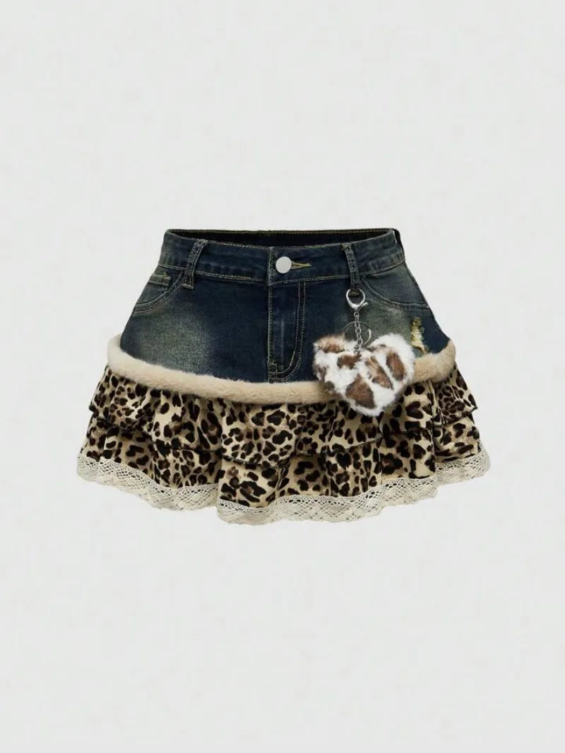 Harajuku Subculture jeans Leopard Print Splicing Y2k Skirt Kawaii Gothic Mini Pleated Skirt Casual Retro Streetwear Skirts Women