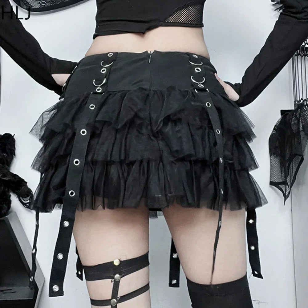 HLJ&GG Black Y2K Punk Streetwear Women Mesh See Though Bodysuits + Stacked Mini Skirts Two Piece Sets Fashion Trend 2pcs Outfits
