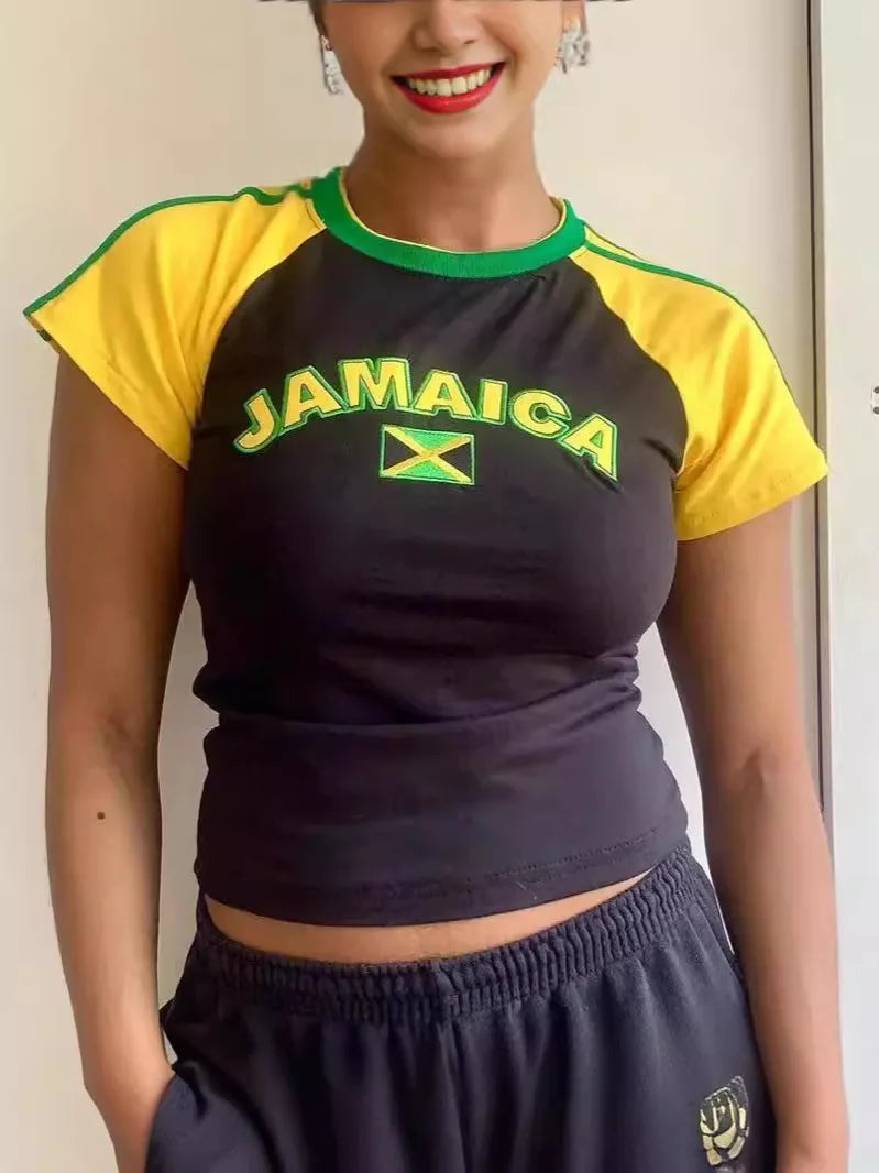 Women Aesthetic Jamaica Letter Print T-shirt Vintage Grunge Short Sleeve Baby Tees 2000s Summer Sexy Crop Tops Gothic Y2k Clothe