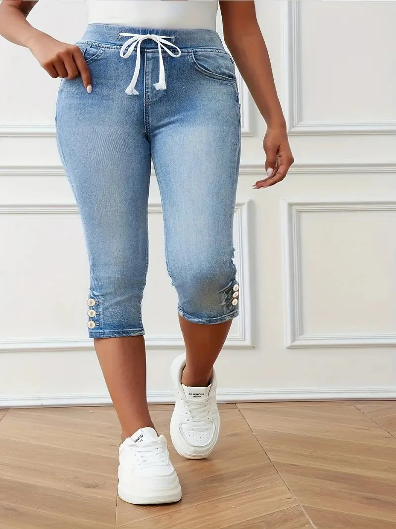 Ladies Plus Size jeans Captcha Drawstring High Stretch Spring summer Versatile Leg Slit Washed Jeans.