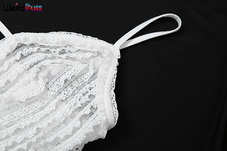 Weird Puss Patchwork Lace Sexy Dress Women See Through Summer Sleeveless Deep v-Neck Split Long Slim Bodycon Vacation Clubwear