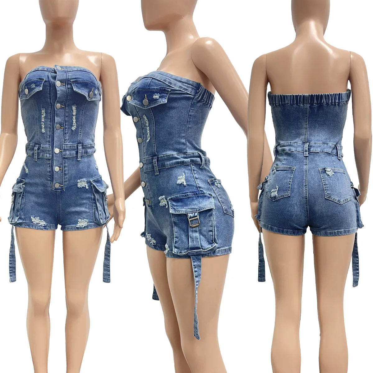 HLJ&GG Blue Sexy jeans Pocket Cargo Bodycon Rompers Women Off Shoulder Sleeveless Backless Slim Jumpsuit Fashion Cowboy Playsuit