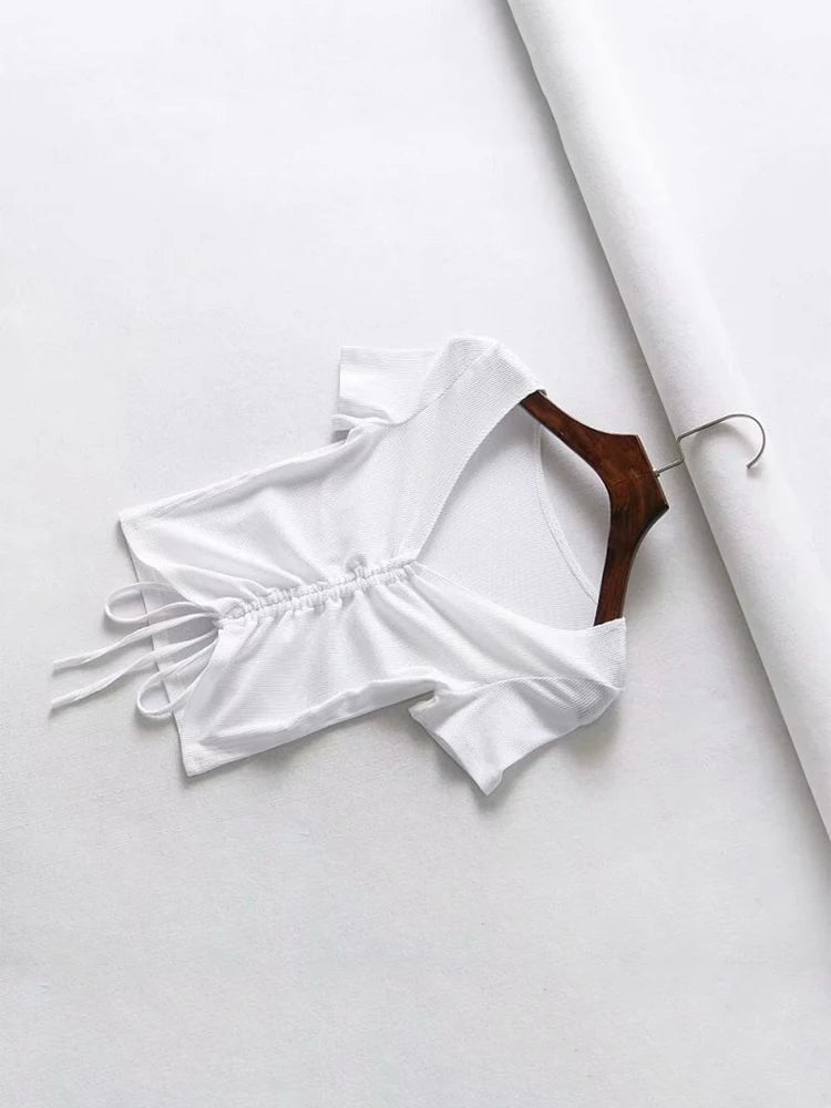 Sexy V Neck Cropped Tank Tops Women Drawstring Tie Up Front Camis Candy Colors Streetwear Slim Fit Ribbed Crop Top