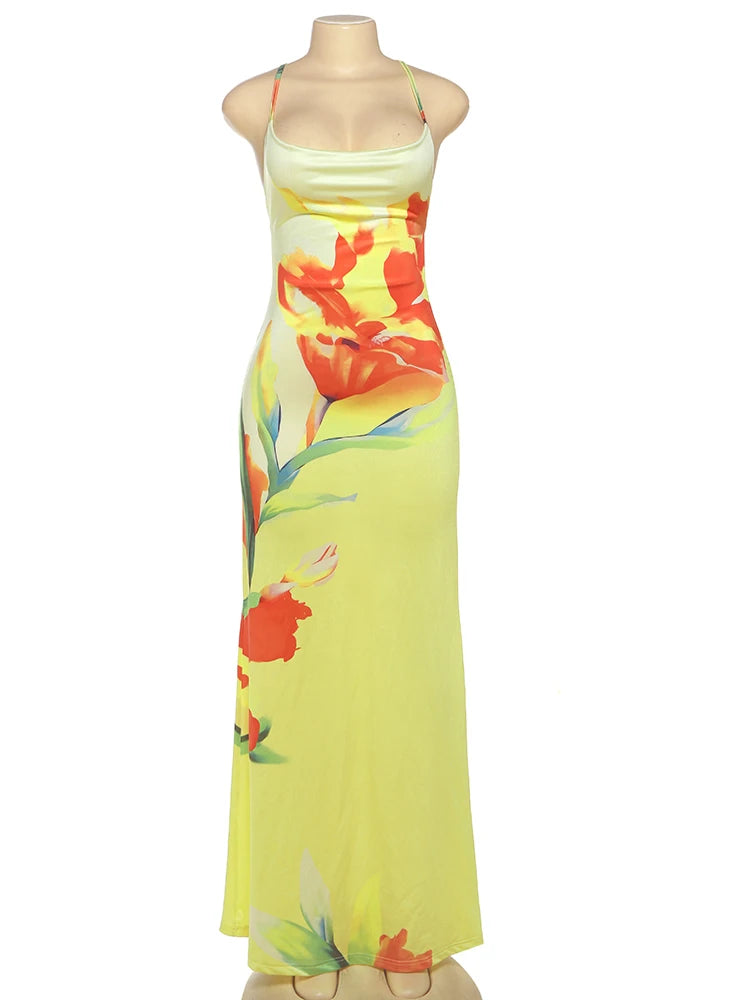 Weird Puss Floral Print Sexy Lace-Up Backless Dress Women Ruched Swing Collar Sleeveless Robe Vacation Trend Beach Party Outfits