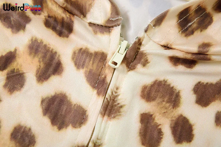 Weird Puss Leopard Contrast Letter Print 2 Piece Set Women Hooded Full Sleeve Crop Jacket+Skinny Stretch Flare Pants Trend Suits