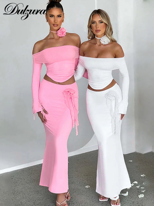 Dulzura Matching Suit Neck Accessories 3D Flower Off Shoulder Long Trumpet Sleeves Crop Top Tassel Maxi Skirt 2024 Autumn Women
