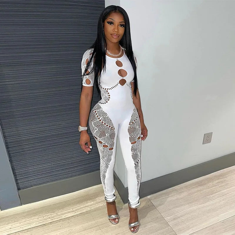 Weird Puss Rhinestone Embellished Women Jumpsuit Backless Halter Hollow Sheer Sexy Slim One Pieces Bodycon Hottie Party Clubwear