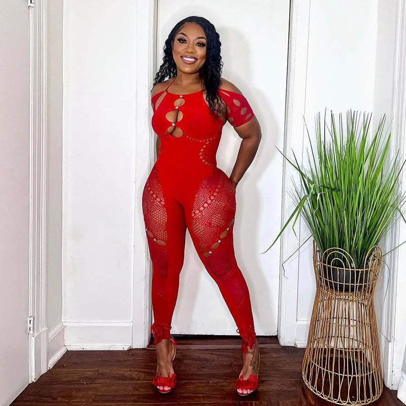Weird Puss Rhinestone Embellished Women Jumpsuit Backless Halter Hollow Sheer Sexy Slim One Pieces Bodycon Hottie Party Clubwear