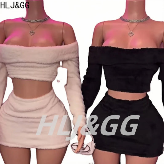 HLJ&GG Fashion Off Shoulder Fur Mini Skirts Two Piece Sets Women Long Sleeve Backless Slim Crop Top And Skirts Outfit Streetwear