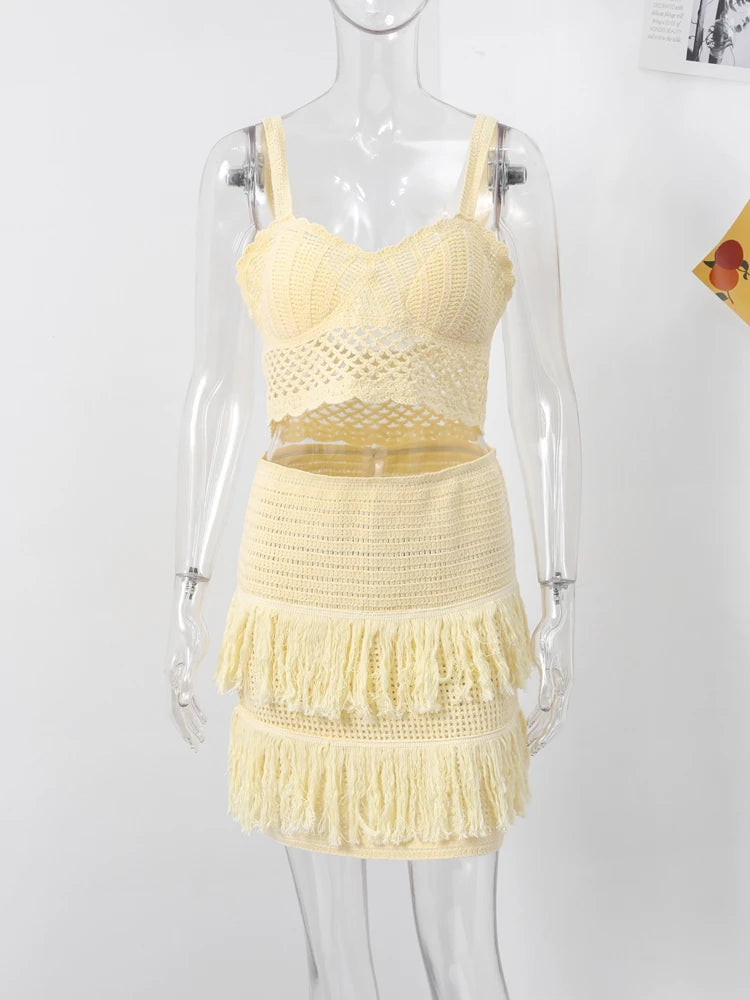 Sexy Knitted Tassels Top Mini Skirt Set Women Crop Bikini Vests Multi Layers Fringe Skirts 2025 Summer Beach Party Outfits Lady