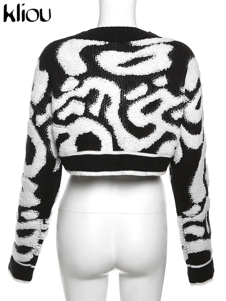 Kliou Knit Coats ladies Autumn New Full Sleeve Breasted Buttons V-neck Ruched Sweather Outwear Bare Midriff Street Tops