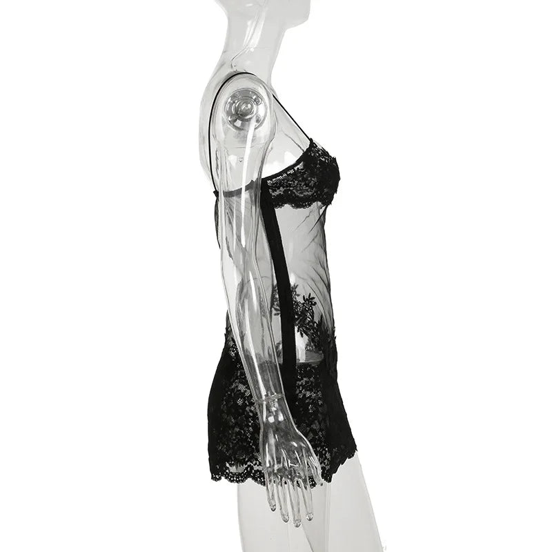 Weird Puss Y2K Party Lace Patchwork Dress Women Sexy 2025 Summer Trend Sleeveless Low-Neck Stretch Midnight Clubwear Bodycon