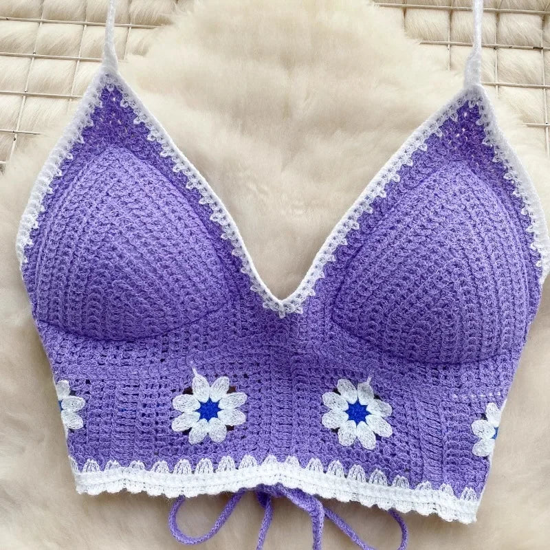 Vacation Style Camis Vest Women Patchwork Sweet Hook Flower Sexy Backless Suspender Camisole Hanging Neck Outwear Crop Tops