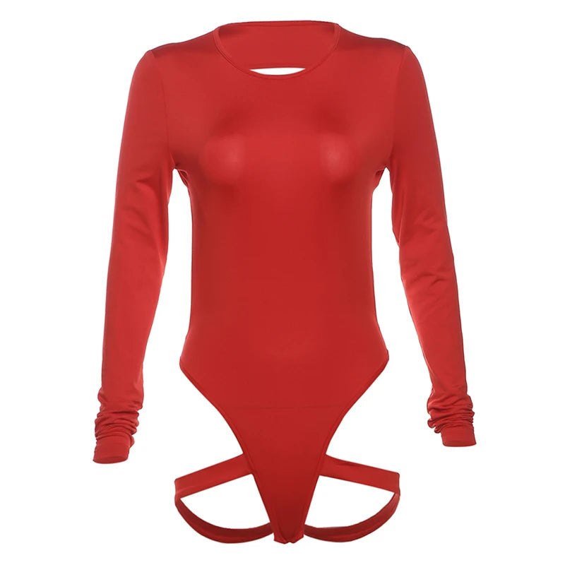 Weird Puss Hollow Backless Bodysuit Woman Summer Sexy Hottie Long-Sleeve Solid O-Neck Bandage Chic Bodyshape Skinny Clubwear Top