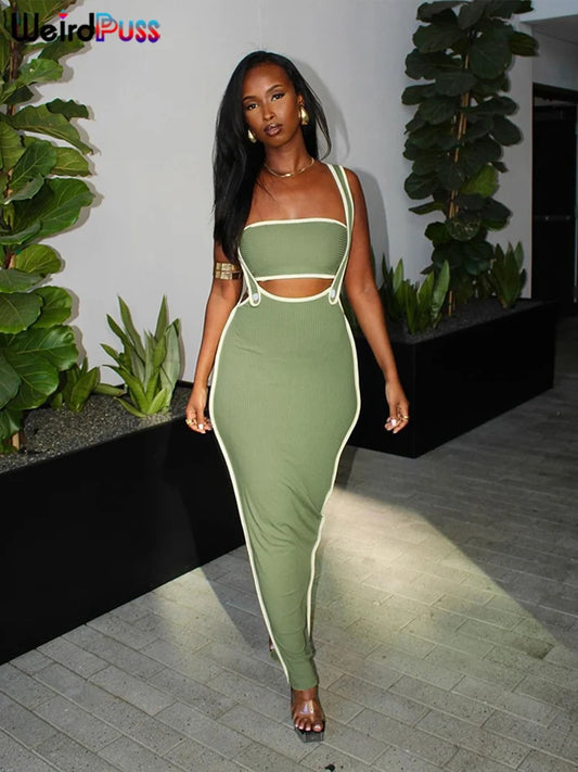 Weird Puss Summer Trend 2 Piece Set Women White Edging Strapless Tops+Shoulder Straps Dress Stretch Matching Streetwear Outfits