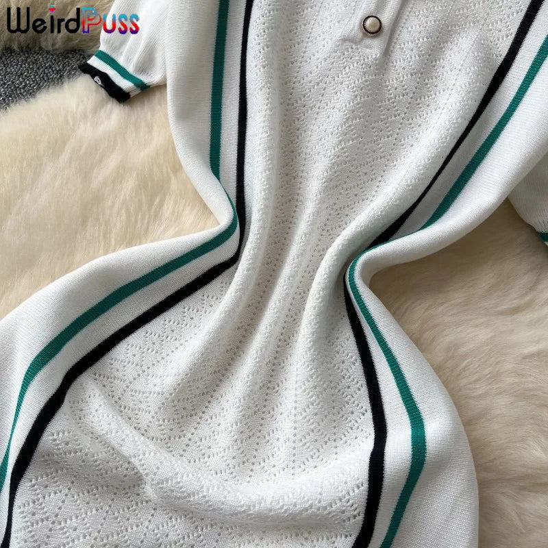 Weird Puss Contrast Stripe Dress Women Knitted Polo-Neck Short Sleeve Ruffles Stretch Hem Casual Trend Streetwear Mini Bodycon
