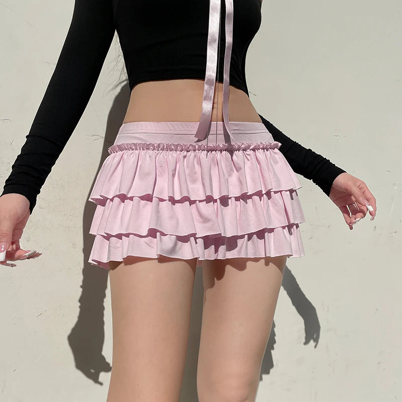 Rockmore Bow Sweet A-Line Skirts Women Sexy Slim Low-Waist Mini Skirts Y2K Female Summer Streetwear Pink Pleated Skirts Coqutte