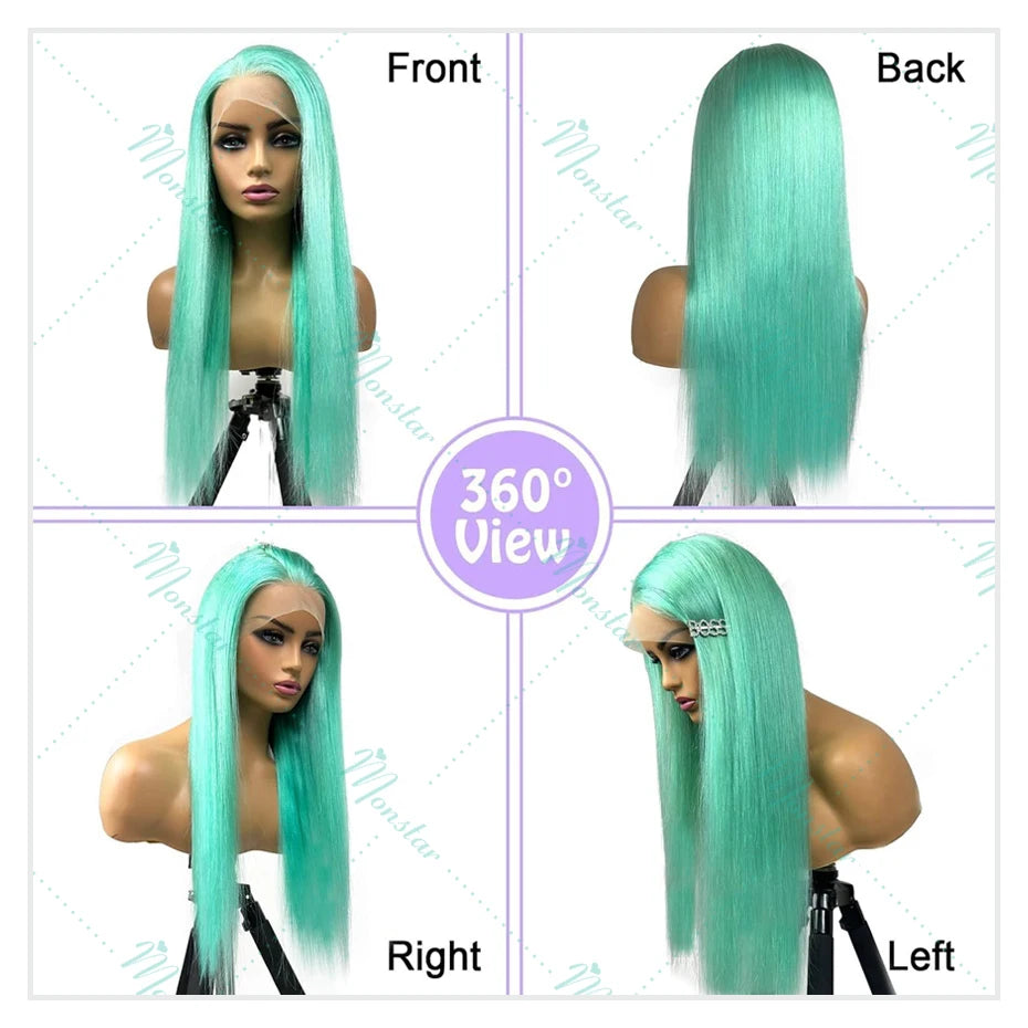 Mint Green Colored Human Hair Wigs Brazilian Straight 13x6 HD Transparent Lace Frontal Human Hair Wigs for Black Women 200% 250%