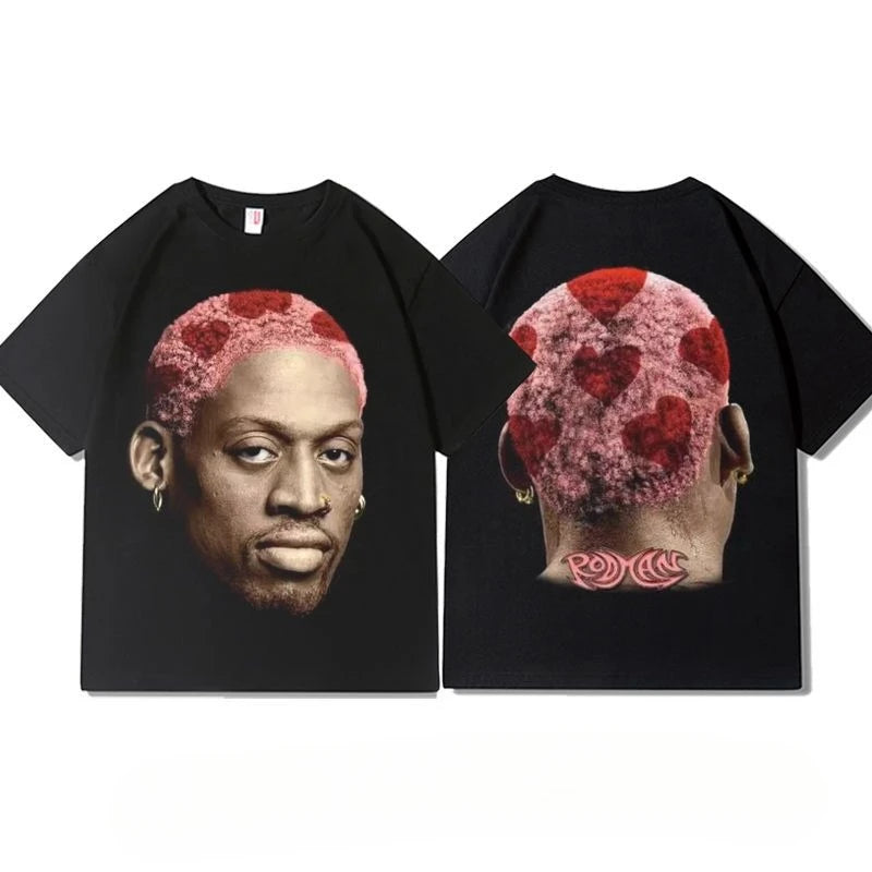 American Retro Basketball Rodman Print T-shirt Summer Round Neck Cotton Short Sleeve Unisex Sports Casual Ins Trend Tops Tees