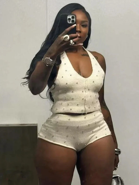 Weird Puss Diamond Women 2 Piece Set Luxury Knit Halter Backless Tank Tops+Shorts Casual Matching Streetwear Stretch Simple Suit