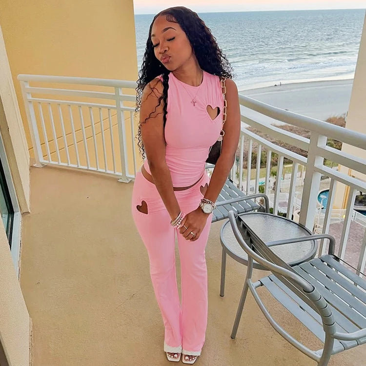 STYLISH LADY Cut Out Heart Fitness 2 Piece Set Women Sleeveless Crop Top and Skinny Pant Suits 2025 Summer Hot Girl Tracksuits