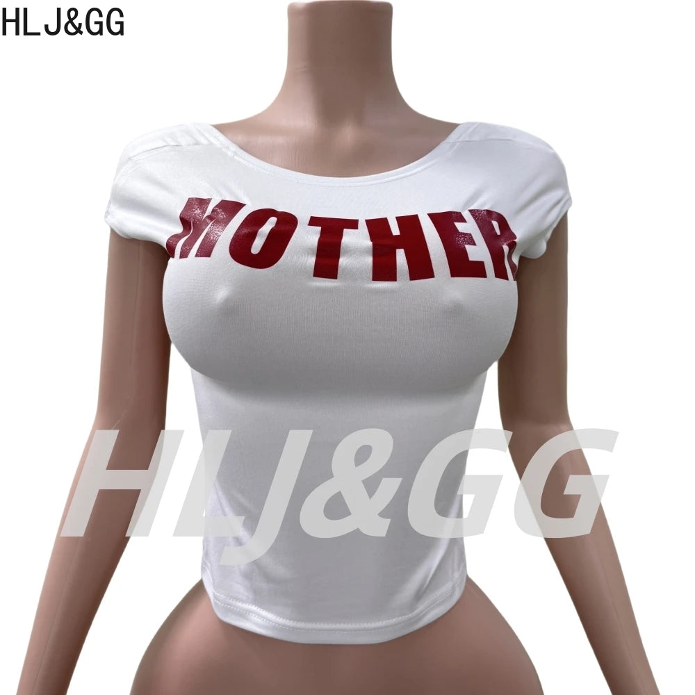 HLJ&GG Red Fashion Letter Backless Tshirts Two Piece Sets Women O Neck Short Sleeve Slim Crop Top And Lace Skirts Shorts Outfits