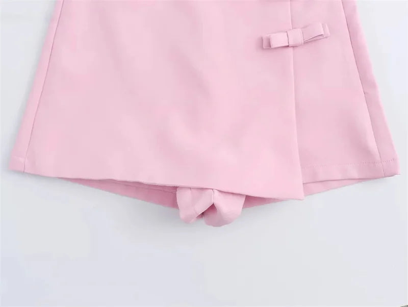 TRAF 2024 Pink White Mini Skirt Woman Fashion Bow Skort For Women Summer Slit Short Skirt Woman Split High Waist Skirt Shorts