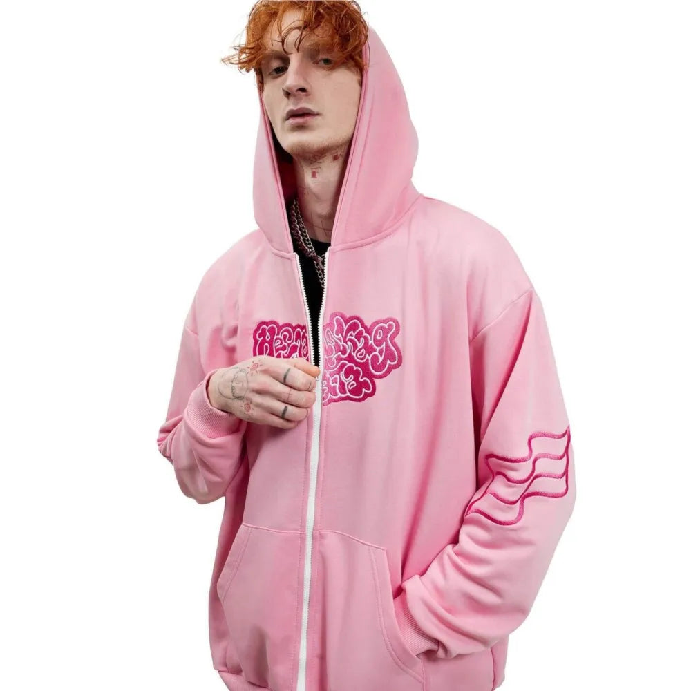 Y2K Harajuku Вата Zip Up Hoodie Cartoon Letter Embroidery Sweatshirt Men Hip Hop Oversized Streetwear Zipper Jacket Goth Clothes