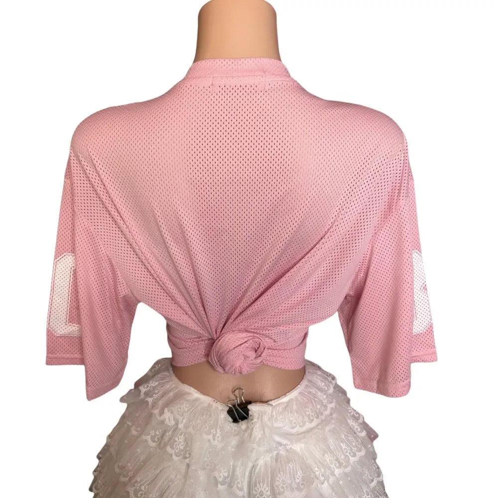 HLJ&GG Fashion Letter Print Loose Tshirts Two Piece Sets Women V Neck Top And Mesh Stacked Shorts Outfit Female Streetwear 2024