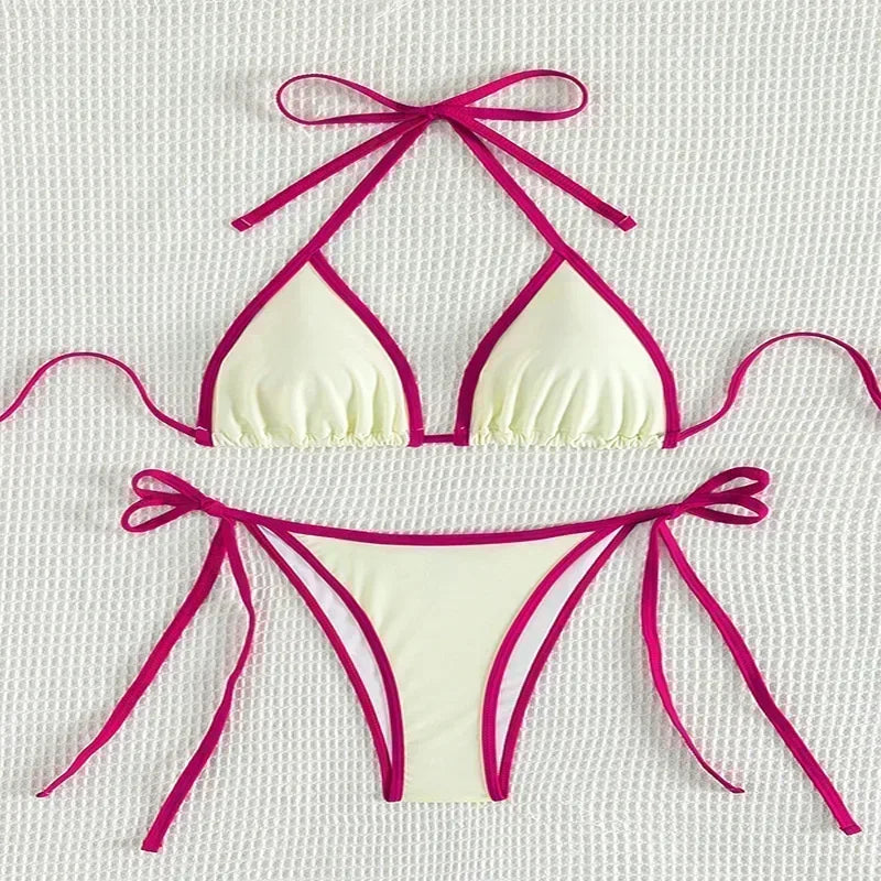 Contrast Color Patchwork Bikinis Bathing Suit Women Sexy Lace Up Triangle Thong Micro Bikini 2025 New Swimwear Biquini Beachwear