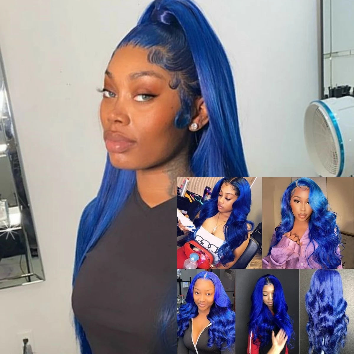 Straight Navy Blue 13x4 Human Hair Lace Frontal Wigs Blue Transparent Lace Front Wigs For Women Brazilian Pre Plucked Hair Wigs