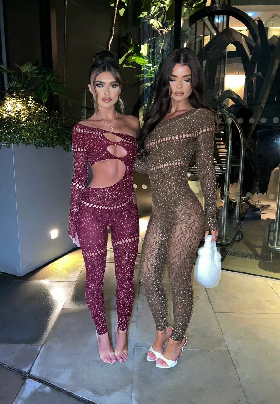 HLJ&GG Sexy Rhinestone Hollow Bodycon One Piece Jumpsuits Women One Shoulder Long Sleeve Slim Playsuit Fashion Clubwear Overalls