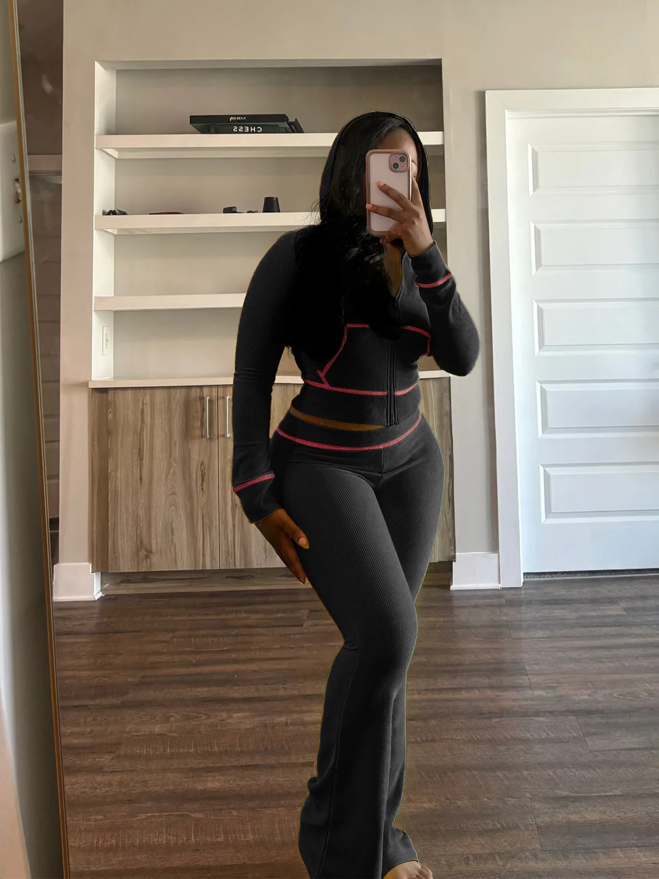 HLJ&GG Spring New Waffle Flare Pants Two Piece Sets Women Zip Hooded Long Sleeve Top + Pants Outfits Casual Sporty 2pcs Clothing