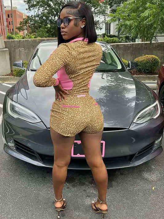 Kricesseen Fashion Women Leopard Print Zippers Jacket Top And Matching Shorts Set 2 Piece Outfits Night Clubwear Female Overalls