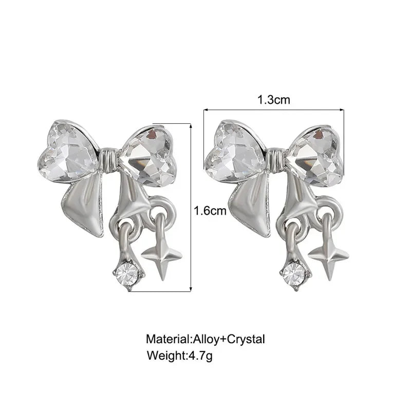 Y2K Bowknot Zircon Stud Earrings for Women Fashion Korean Silver Color Pink Crystal Personality Earring Girl Party Jewelry Gifts