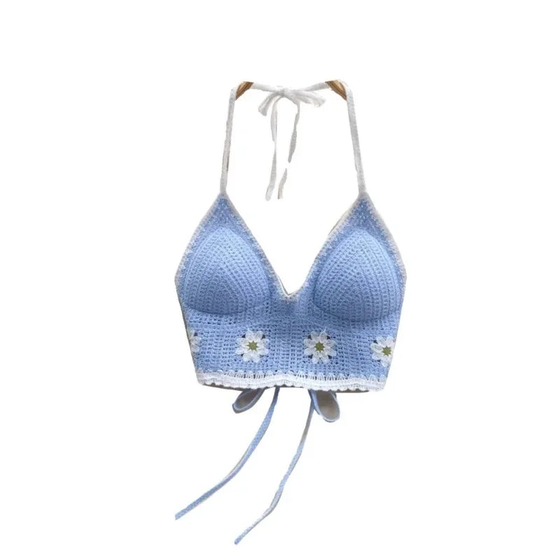 Vacation Style Camis Vest Women Patchwork Sweet Hook Flower Sexy Backless Suspender Camisole Hanging Neck Outwear Crop Tops