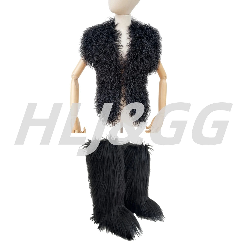 HLJ&GG Trend Y2K Two Piece Sets Women Fur Feather Halter Waistcoat Fashion Backless Lace Up Legs Cover Streetwear Clothing 2025