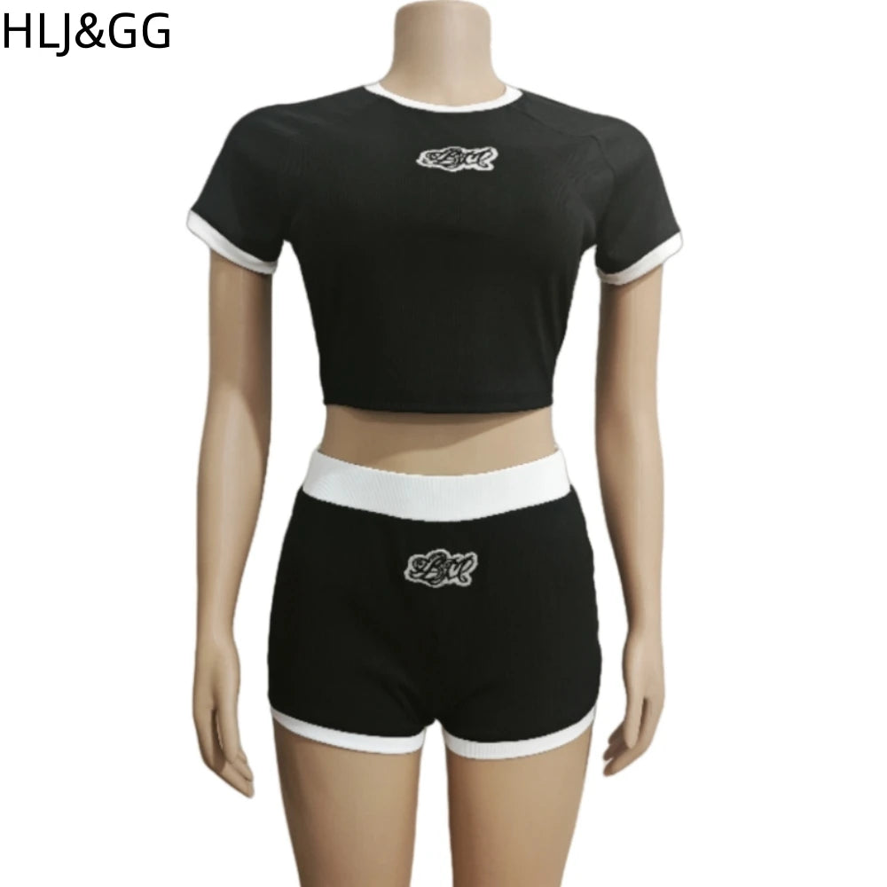 HLJ&GG Y2K Fashion Hot Girl Embroidery Two Piece Sets Women Round Neck Slim Crop Top And Shorts Outfits Summer New 2pcs Outfits