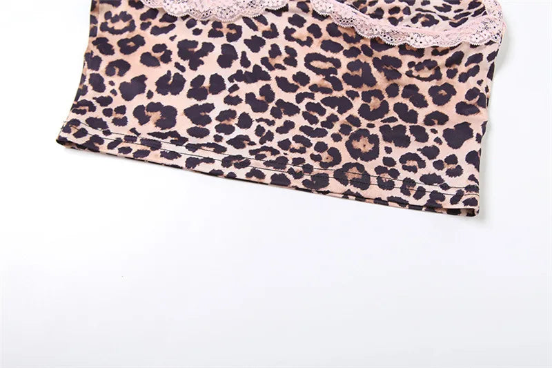 HLJ&GG Fashion Leopard Lace Stitching Two Piece Sets Women V Neck Spaghetti Strap Slim Crop Top + Shorts Outfits Sexy Streetwear