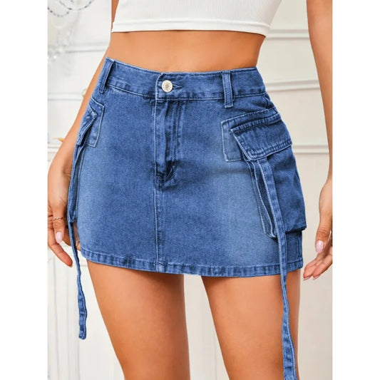 High Waisted jeans Mini Skirt with Pockets and Straps Women's Trendy Casual Y2K Korean Style Washed Skirt