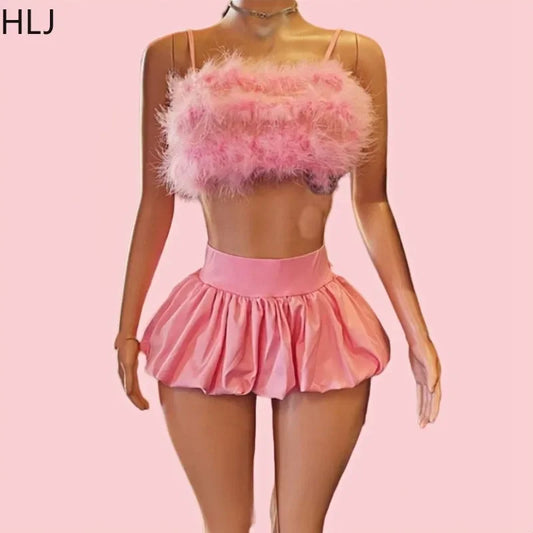 HLJ&GG Sweet Fur Tank Top Fashion Two Piece Set For Women Thin Strap Sleeveless Backless Slim Vest And Mini Puffy Skirt Outfits