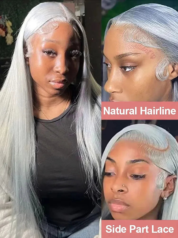 Silver Grey Straight Lace Front Human Hair Wig 40 Inches Colored HD Transparent 13x6 Lace Frontal Wig for Women Preplucked 250%