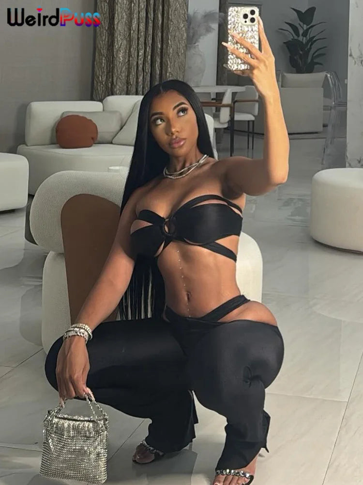 Weird Puss Sexy 2 Piece Set Women Hipster Halter Cross Wrapped Camisole+Ruched Hollow Leggings Street Summer Trend Matching Suit