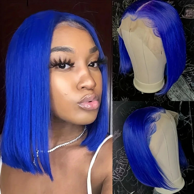13x4 Lace Front Short Bob Wig Blue Color Straight Navy Blue Bob Transparent Lace Frontal Wigs Human Hair For Black Woman 10 Inch