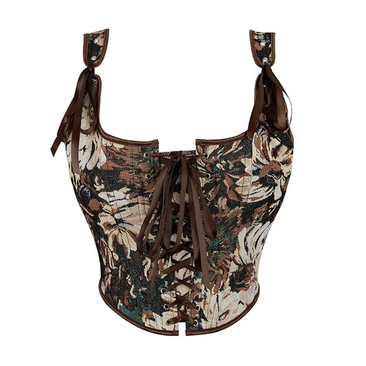 Tapestry Floral Corset Top Summer Vintage Embroidery Tie Shoulder Slim Fit Crop Tank Tops Cottagecore Fairycore Outfit
