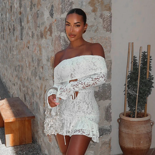STYLISH LADY Off the Shoulder White Lace Dress 2025 Spring Women Long Sleeve Slash Neck Cut Out Bodycon Ruffle Mini Dresses